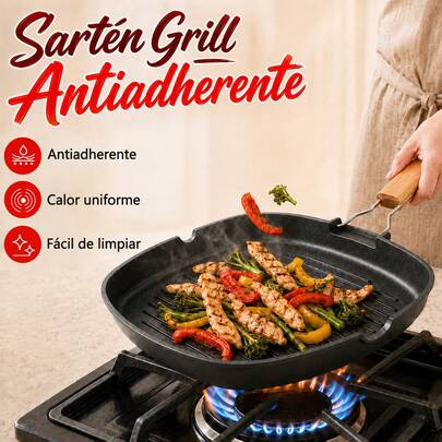 FAMILY Sartén Grill de Aluminio Fundido Antiadherente, Plancha Parrilla para Asar Carne, Pollo y Verduras, Superficie Acanalada, Compatible con Gas, Eléctrica, Vitrocerámica e Inducción, Tamaños 21, 25, 29 y 36 x 26 cm