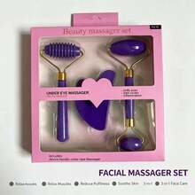 3pcs Plastic Imitation Jade Spiky Roller Gua Sha Board Set, Imitation Rose Quartz Heart-Shaped Facial Massager For Beauty And Skin Firming - Purple - View 5