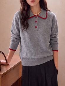 Women's Autumn/Winter Colorblock Design Minimalist Lapel Pullover Sweater - Grey - View 5