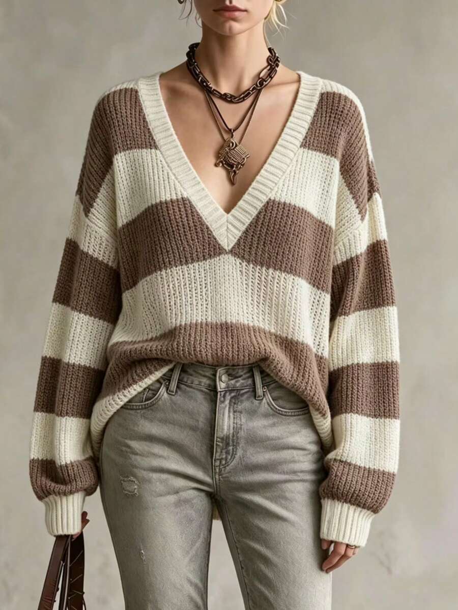 Sweater Rajut Longgar Bergaris Leher V untuk Wanita, Pullover Lengan Panjang Musim Gugur/Dingin - Aprikot - View 1