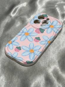 Cream Dopamine Wave Ruffle Soft TPU Texture, Ins Fresh Girl Daisy Strawberry Phone Case, Glossy Wave Frame Sweet Energetic Phone Shell Compatible With Galaxy S21 S22 S23 S24 S25 S26/Honor/ And Other Models - White - View 2