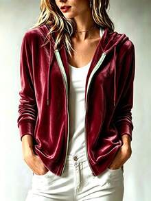 Áo khoác hoodie kéo khóa màu trơn tối giản đa năng mặc hàng ngày, tay dài có dây rút, phong cách thể thao trẻ trung kiểu đại học, áo cardigan len dệt kim nữ thường ngày, thu/đông - Màu Đỏ Sâu - Xem 7