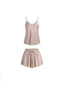 Ocili Leisure Silky Satin Comfortable Loose Long Sleeve Lapel Front Button Women's Pajama Top/Bottoms - Champagne - View 36