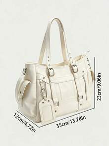 Metal Buckle Pendant Decor, Large Capacity Storage With Zipper Closure, Suitable For Daily Commute And Travel, Can Be Paired With Shoulder Strap For Multiple Carrying Styles, Casual Accessory Bag, Fits Various Outfit Styles Fashion Tote Bag - White - View 2
