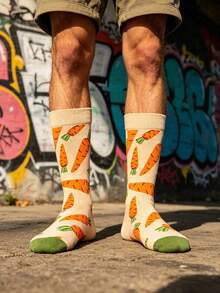 1 Pair Men's Cream Base With Orange Carrot All-Over Print Mid-Calf Socks, Fun Pastoral Style, Suitable For Spring/Autumn/Daily Wear/Campus Style - Multicolor - View 2