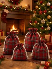 Christmas Gift Red Plaid Drawstring Storage Bag, Suitable For Women/Men, Small Gift Bag, Plaid Pattern, Drawstring Closure, Ideal For Wedding Favors, Jewelry Storage, Christmas Candy, Birthday Party Supplies, Handmade Bead Storage - Multicolor - View 8