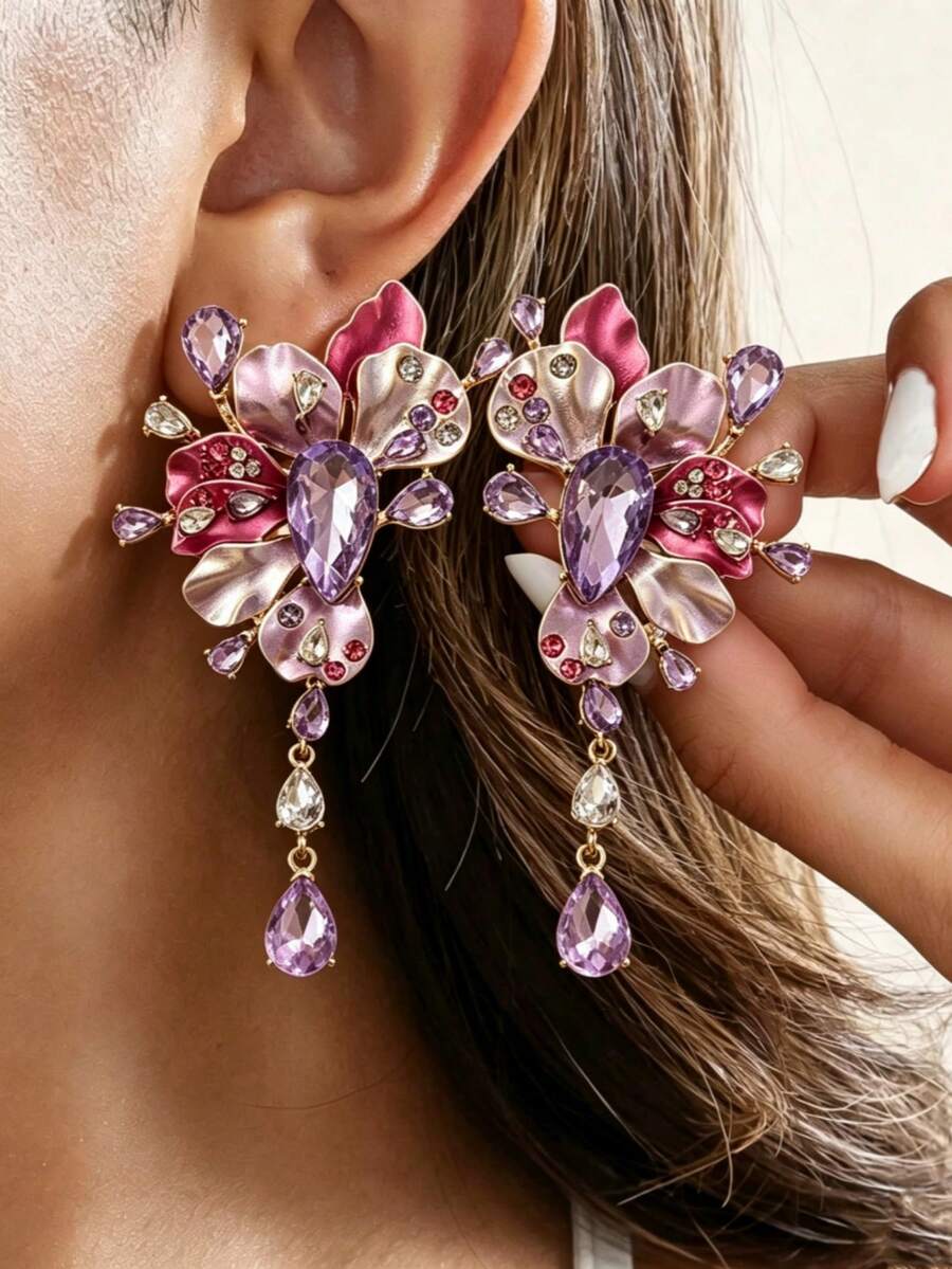 2pcs Fashion Exaggerated Flower Metal Rhinestone Purple Water Drop Pendant Earrings, Suitable For Women's Daily And Party Wear - Purple - View 1