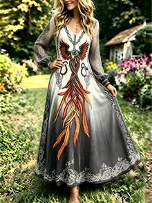 Plus Size Women's Gradient Phoenix Bohemian Style Maxi Dress, Long Puff Sleeve V-Neck Loose Fit Elegant - Grey - View 3