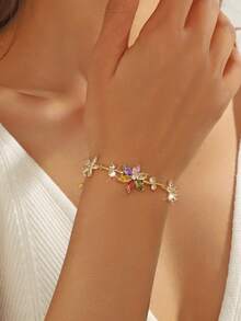 1pc Luxury Colorful Floral Copper Zirconia Bracelet, Suitable For Women's Daily Wear, Dating And Party - Flower Bracelet - View 2