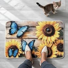 1pc Sunflower Blue Butterfly Faux Cashmere Bedside Rug, Nordic Pastoral Style Rectangular Carpet, Soft Quiet No Shedding, Suitable For Living Room Bedside Closet Study Desk Multi-Scene Versatile, All Season Use - Multicolor - View 7