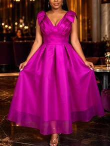 Elegant Women Fuchsia A Line Maxi Dress Deep V Neck Shoulder Bow Pleated Waist Formal Wedding Guest Evening Gown - Rose Red - View 5