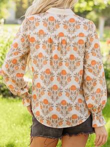 Acelitt Blus Kasual Gaya Bohemian Musim Semi/Panas, Kerah V, Motif Bunga Oranye, Lengan Panjang Ringan, Tenun, dengan Detail Kerut, Cocok untuk Pakaian Luar Sehari-hari - Jeruk - View 4