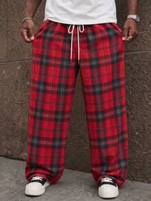 SU ER Men's Summer Casual Elastic Waist Drawstring Loose Drapey Lazy Wide Leg Plaid Curved Hem Long Pants - Red - View 3