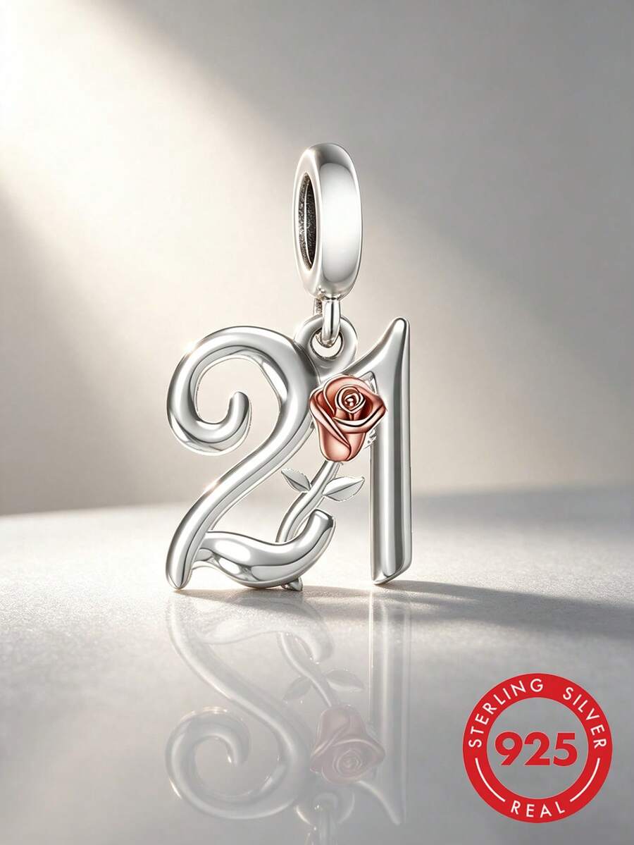 1件优雅925纯银21号吊坠,适合作为男女生日礼物 - 銀色 - 查看 1