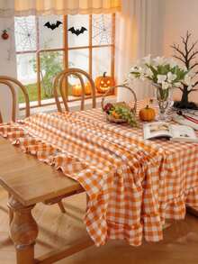 1pc Vintage Halloween Atmosphere Orange & White Plaid Ruffle Edge Tablecloth, Washable And Reusable, Suitable For Daily Home, Family Gathering, Holiday Party, Outdoor Picnic, Cafe Decor - Orange - View 4