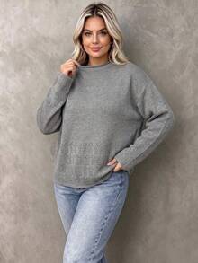 Women's Plus Size Knitwear Pullover Sweater With Drop Shoulder And Round Neck, Long Sleeve Grey Top For Fall And Winter. - Grey - View 4