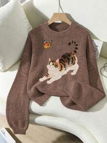 Plus Size Women's Knit Top, Cat Pattern, Long Sleeve Crew Neck Regular Fit Sweater, Ideal Choice For Autumn Fall - Brown - View 2