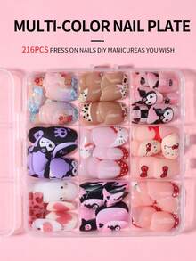 Sanrio Hello Kitty 216片(9款混色) Y2K 短橢圓法式穿戴甲，含 Hello Kitty & Kuromi 圖案、花朵、豹紋、愛心、星星、火焰、波點與海洋波浪圖案設計，適合壓克力假指甲套組，女孩日常派對使用 - 彩色 - 查看 5