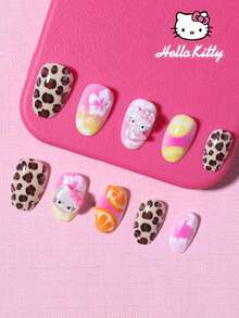 Sanrio Hello Kitty 24pcs Y2K Short Oval 3d Pointed Leopard French Press On Nails With Hello Kitty, Flower And Lemon Pattern Design,Gradient Design,Perfect Fit Acrylic False Nails Set, Including 1 Jelly Gule And 1 Nail File,For Girls Daily Party Use - Multicolor - View 3