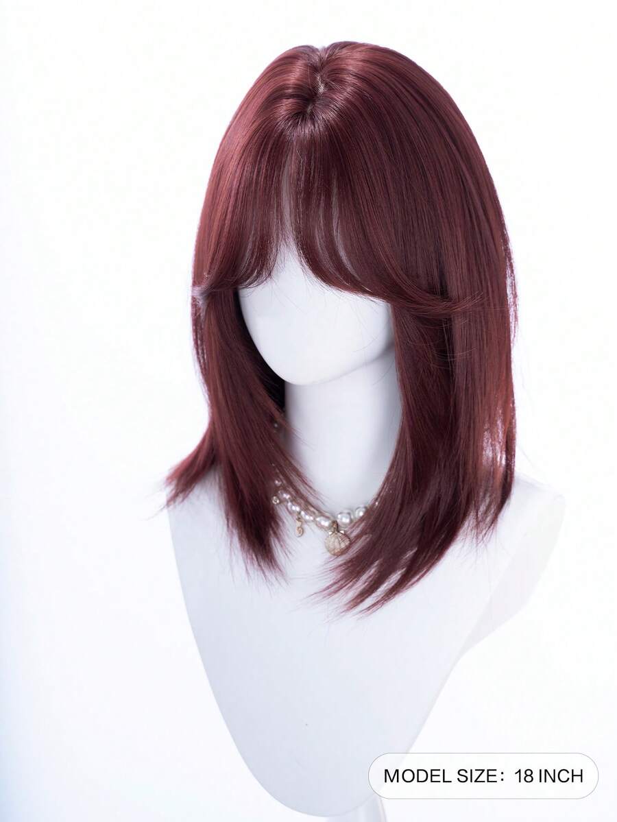 alicegarden 18-Inch Long Synthetic Wig Featuring A Natural Straight Style A Stunning Burgundy. Designed With Bangs , This False Hairpiece Is Perfect For Ms Daily Party Cosplay Use, Offering A Natural And Natural Durable Wig Gift For Ladies. (No Accessories), Halloween - Burgundy - View 1