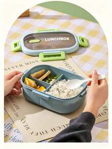 Flip-Top Snap-Lock Divided Plastic Bento Box, Microwave- Leak-Proof Lunch Box With Spoon, Portable For Students, Office Workers And Outdoor Use - Multicolor - View 1