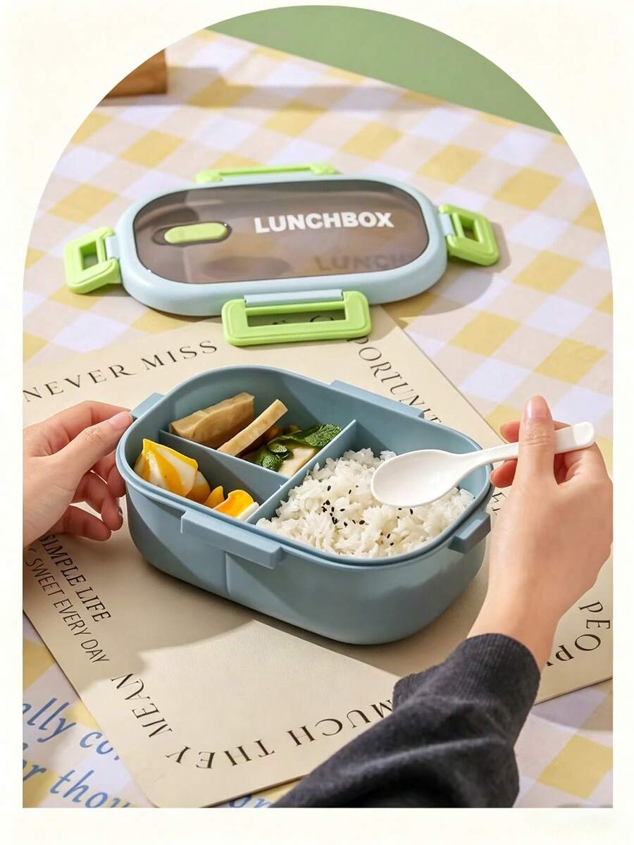 Flip-Top Snap-Lock Divided Plastic Bento Box, Microwave- Leak-Proof Lunch Box With Spoon, Portable For Students, Office Workers And Outdoor Use - Multicolor - View 1