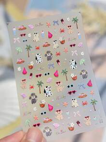 1sheet Beach Series 5D Nail Art Stickers Cute Cartoon Puppy Starfish Coconut Tree Shell Bows Fruits Pattern Nail Decorations Accessories Self Adhesive Embossed Nail Stickers DIY - Multicolor - View 5