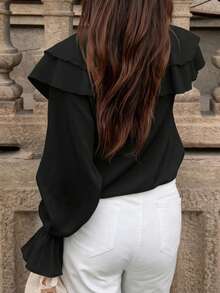 Ruffle/Frill Trim Faux Pearl Layered Casual French Blouse, Solid Color Sheer Black - Black - View 4