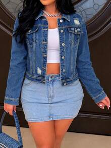 Classic Denim Jacket Cutout Design Vintage Wash Statement Button Style - Dark Wash - View 1