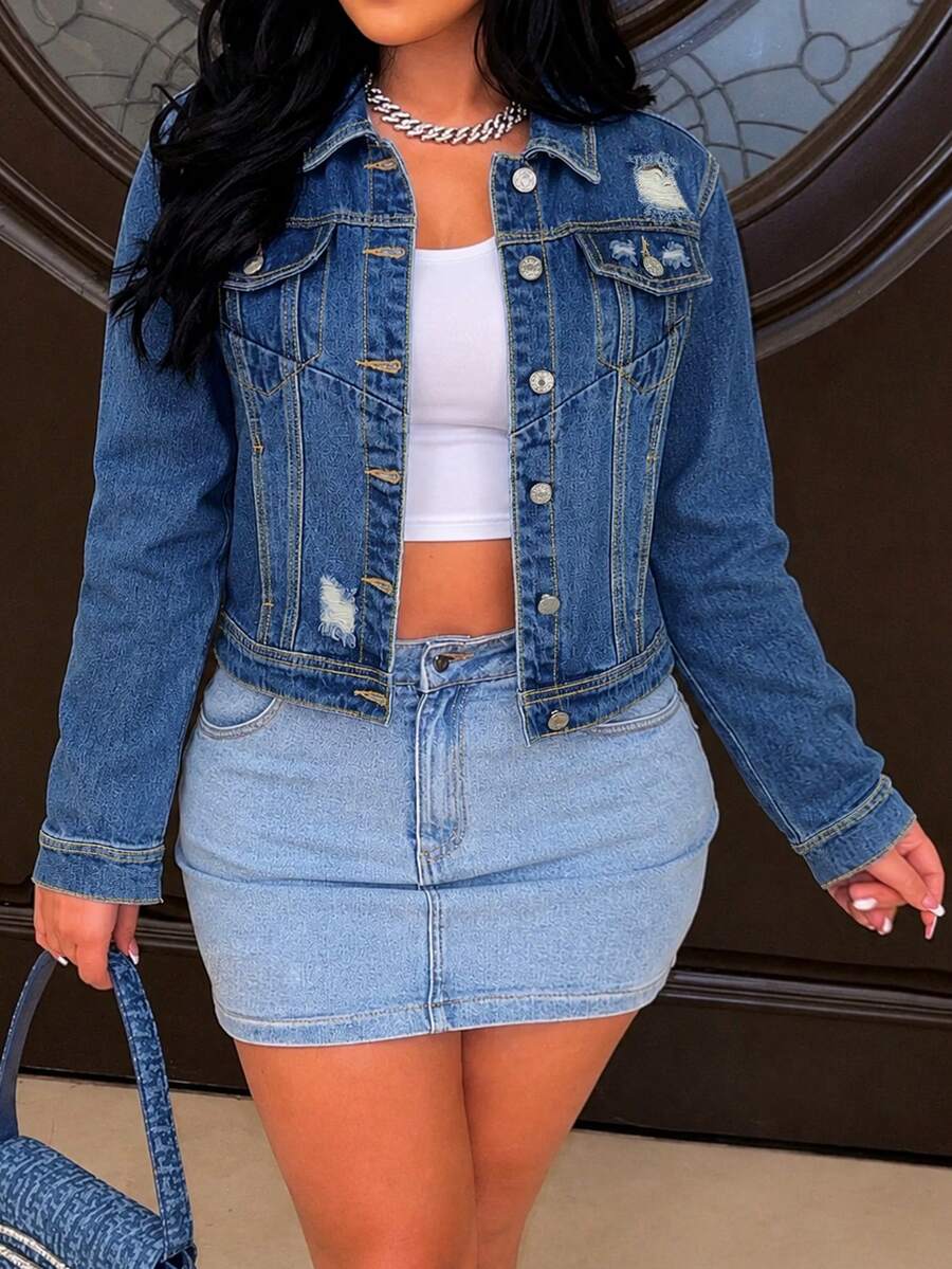 Classic Denim Jacket Cutout Design Vintage Wash Statement Button Style - Dark Wash - View 1