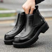 Men's High-Top Leather Riding Boots 2026 Winter New Black Lace-Up Thick Sole Casual Boots Slip-On Elastic Side Design Boots For Daily Commute Street Date Business Occasions Work Boots - Black - View 5