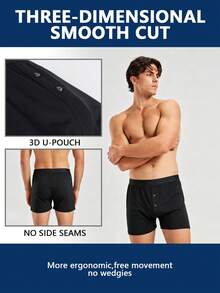 Norcotton 1pc Men's Front Button Boxer Shorts, Solid Color Loose Fit Home Wear - Black - View 3
