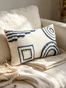 1pc Blue & White Tufted Geometric Throw Pillow Cover 18*18 Inches, 3D Textured Decorative Cushion Case, Abstract Bohemian Style Sofa Pillow Cover, Suitable For Living Room, Bedroom, Sofa And Coastal Home Decor - Blue and White - View 5