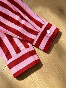 Explosion Women's Spring/Summer/Autumn/Winter Street Retro Bohemian Style Vacation Color Block Striped Pattern Pink Casual Lapel Long Sleeve Red - Merah - View 8