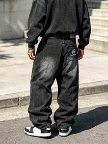 Men's Black Washed Loose Fit Embroidered Stitch Wide Leg Street Style Jeans - Black - View 1