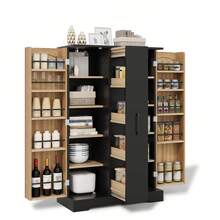 Kitchen Cabinet With Spice Rack, Spacious Double Door Cabinet With 4-Tier Vertical Extension, Adjustable Shelves And Modern Design - 120 * 78 * 35 Cm, Black And Natural, 78 X 35 X 120 Cm - Black - View 2