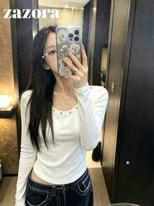鉚釘圓領秋季針織毛衣，鉚釘鑲嵌百搭修身顯瘦上衣，女款 - 白色 - 查看 1