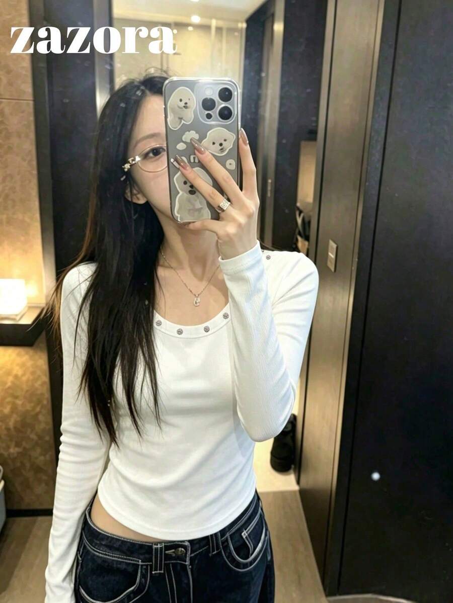 鉚釘圓領秋季針織毛衣,鉚釘鑲嵌百搭修身顯瘦上衣,女款 - 白色 - 查看 1