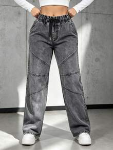 Pantalones vaqueros de piernas anchas para mujeres, pantalones ajustados con cinturón de cuerda, versión de piernas anchas, adecuados para el día a día, turismo, uso en casa - Gris - Ver 4