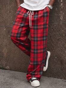 SU ER Men's Summer Casual Elastic Waist Drawstring Loose Drapey Lazy Wide Leg Plaid Curved Hem Long Pants - Red - View 2