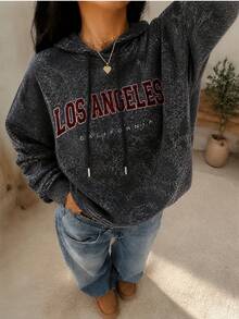 1pc Women's Washed Sweatshirt, Red LOS ANGELES College Style Print, Y2K Retro Style Casual Black - Black - View 4