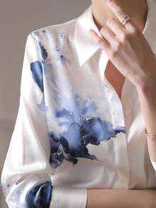 YUXIN Women's Elegant Printed Shirt, Collared Long Sleeve Button Front Regular Fit Polyester Blouse, Autumn Fashion - Blue and White - View 10