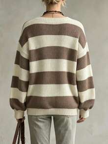 Sweater Rajut Longgar Bergaris Leher V untuk Wanita, Pullover Lengan Panjang Musim Gugur/Dingin - Aprikot - View 3