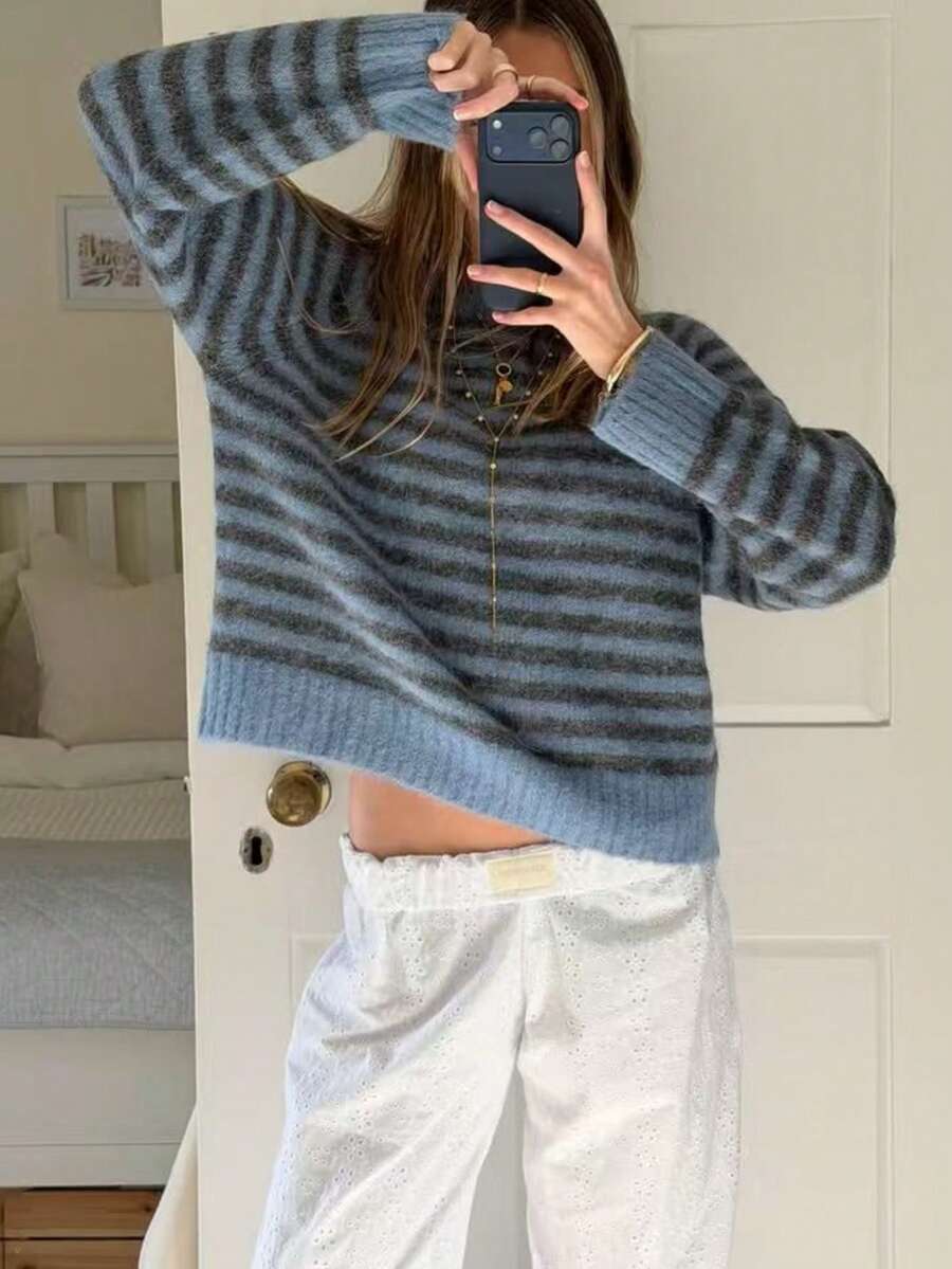 Women's Striped Casual Daily Wear Long Sleeve Sweater - Navy Blue - View 1