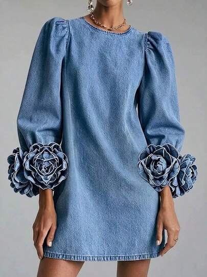 3D Rose Cuff Puff Sleeve Printed Denim Look Dress, Stylish Straight Cut