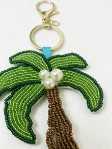 1pc Beaded Alloy Faux Pearl Tassel Palm Tree Bag Charm, Tropical Vacation Style Keychain, Car Key Decor, Backpack Pendant, Women's Holiday Gift - Multicolor - View 3