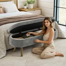 Storage Bench Grey Made Of Chenille For Hallway And Entryway - 深灰色 - 查看 7