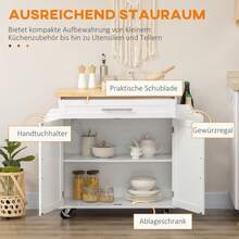 Carrito de Cocina con Encimera y Estante para Especias, Porta Toallas para Sala de Estar y Comedor 109x40x89cm - Blanco + MDF - Ver 2