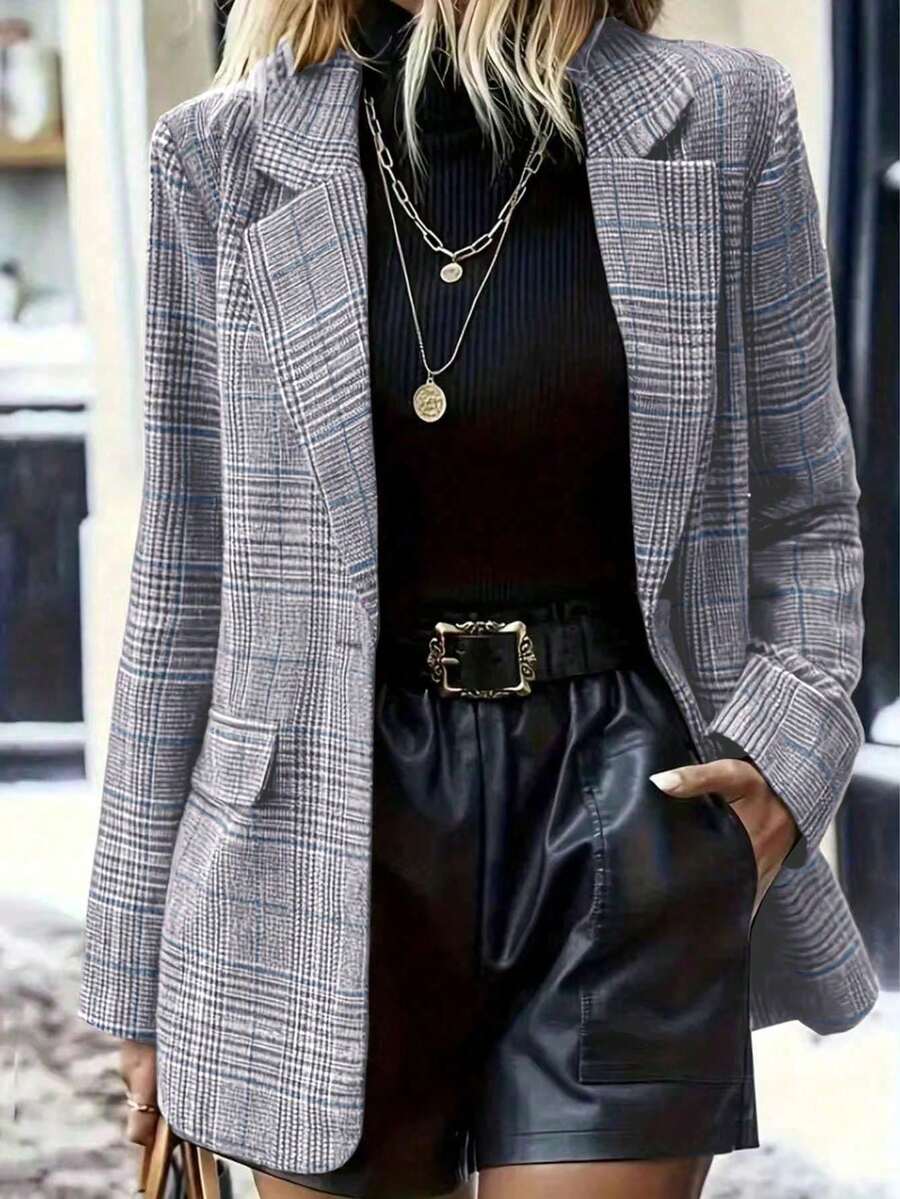 女款寬鬆 H 型格紋西裝外套,格紋圖案,優雅通勤休閒穿搭,適合春季、秋季與冬季,百搭時尚格紋上衣,女款休閒夾克 - 灰底藍格紋 - 查看 1