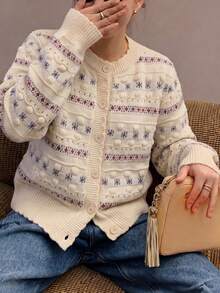 Women's New Vintage Knit Cardigan, Round Neck Long Sleeve Button Sweater, Elegant Short Winter Knitwear - White - View 4